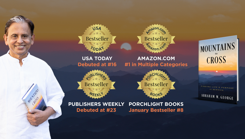 Dr. George holding Mountains to Cross book with bestseller badges
